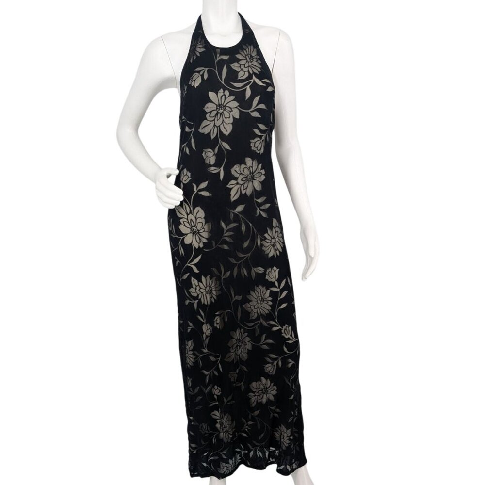 Vtg Halter Maxi Dress Open Back Floral Burnout Sheer Formal Cocktail Y2K Size 12